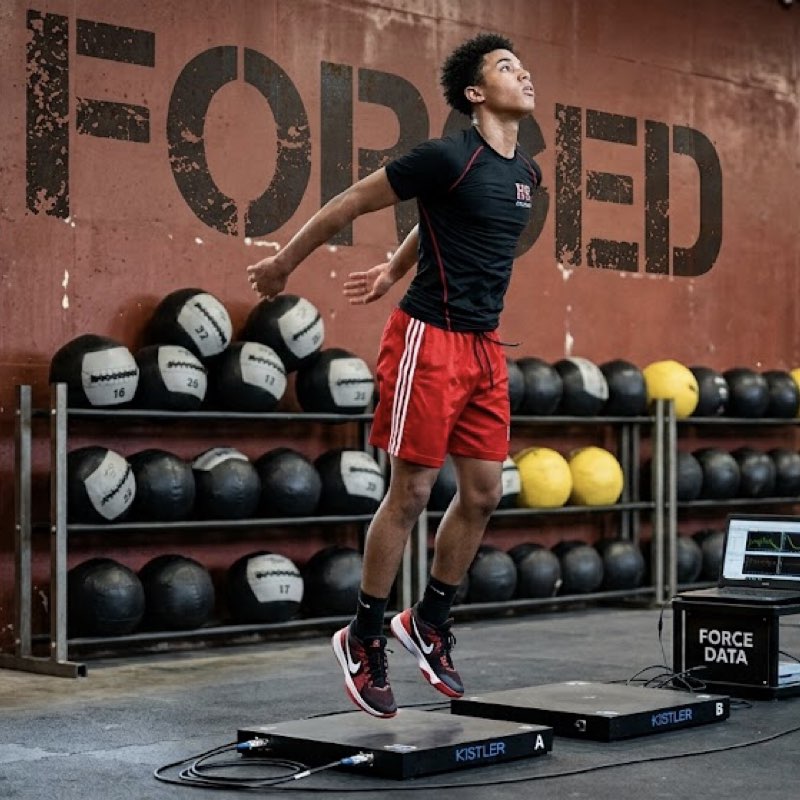 Athlete jumping on a Kistler force plate beneath the FORGED wall